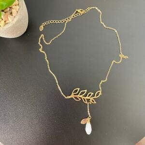 Bansri Gold Leaf Lariat Necklace White Teardrop Stone Charm Dainty Boho
